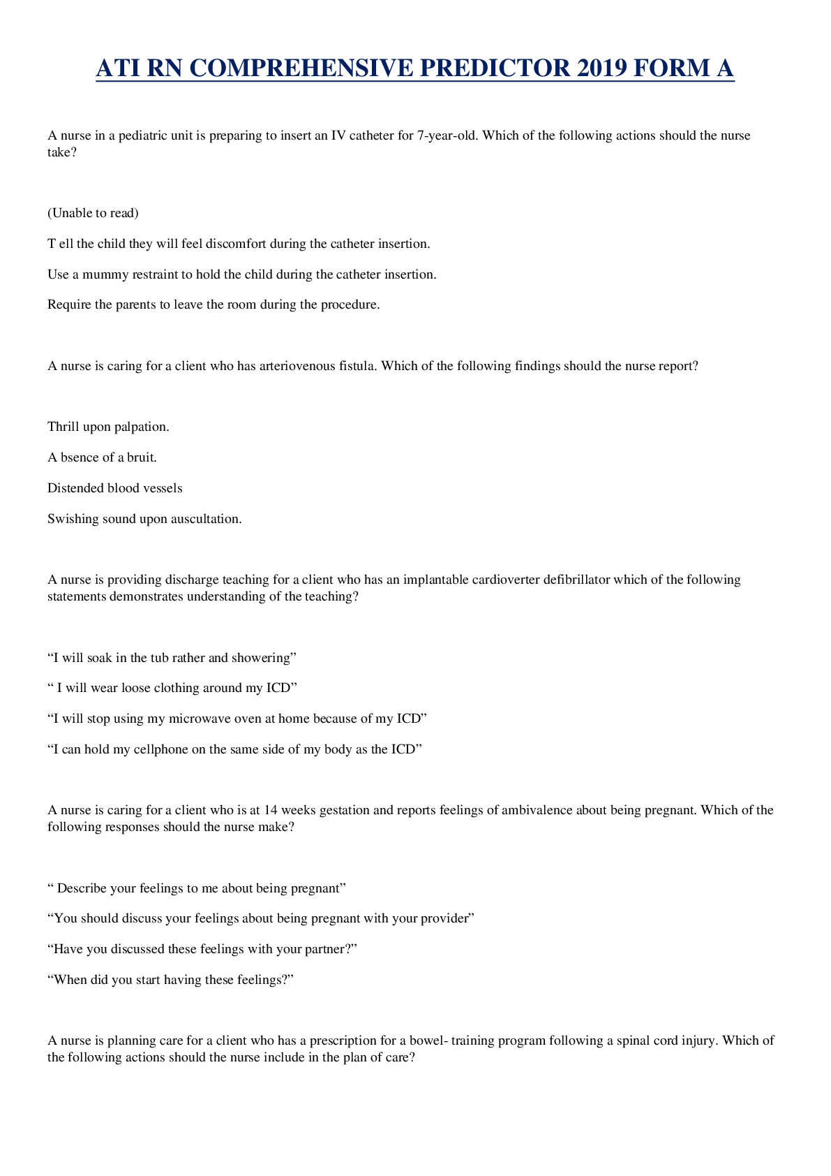 Preview image for ATI RN COMPREHENSIVE PREDICTOR 2019 FORM A